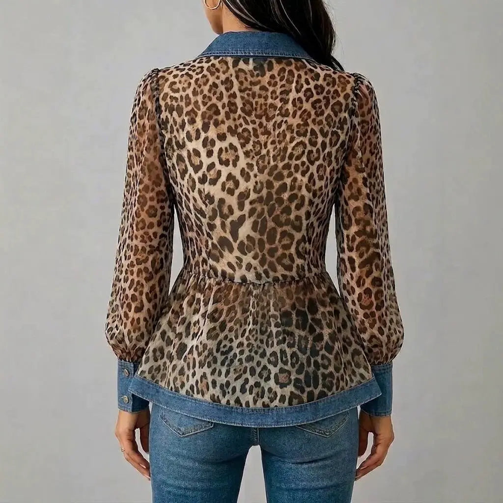 Women's Leopard Print Denim Spliced Button Down Shirt