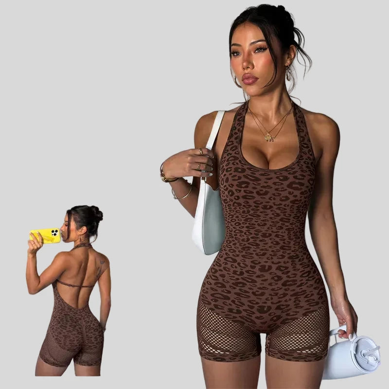 Women's Leopard Print Halter Backless Butt-Lifting Yoga Romper