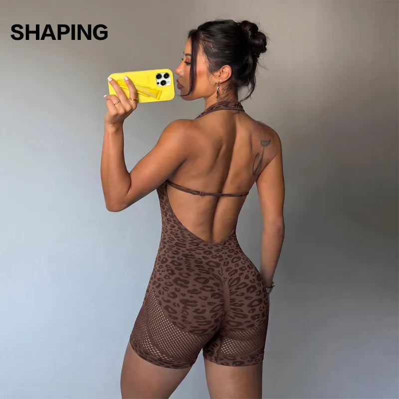Women's Leopard Print Halter Backless Butt-Lifting Yoga Romper