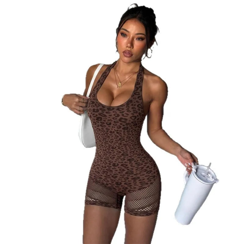 Women's Leopard Print Halter Backless Butt-Lifting Yoga Romper