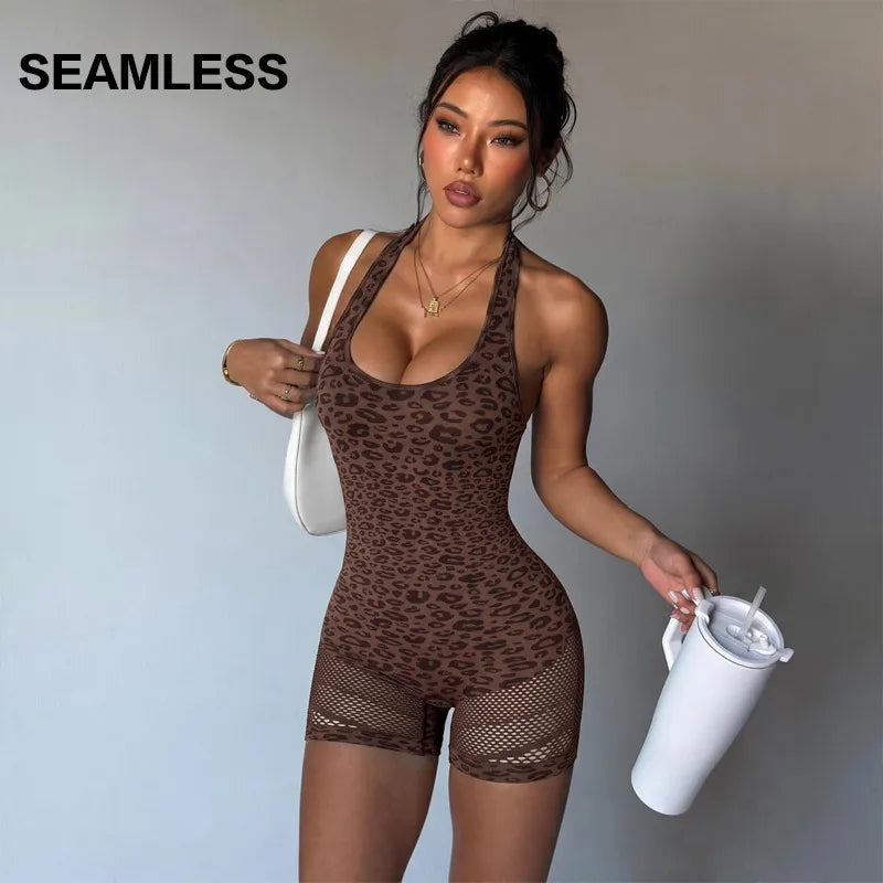 Women's Leopard Print Halter Backless Butt-Lifting Yoga Romper