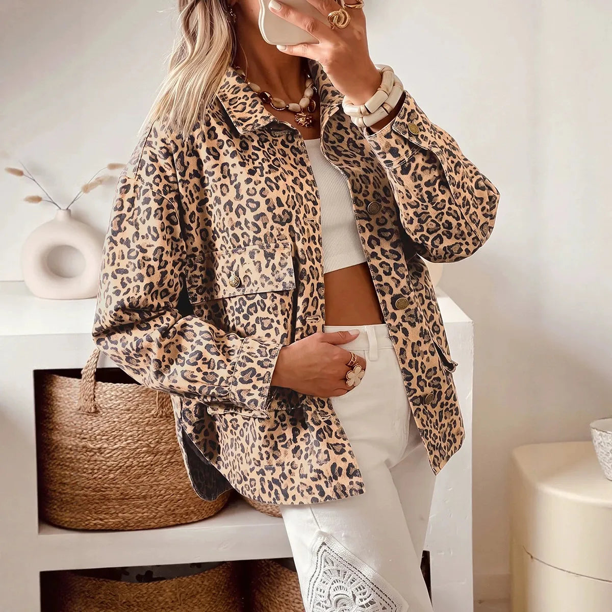 Women's Leopard Print Lapel Collar Long Sleeve Denim Jacket