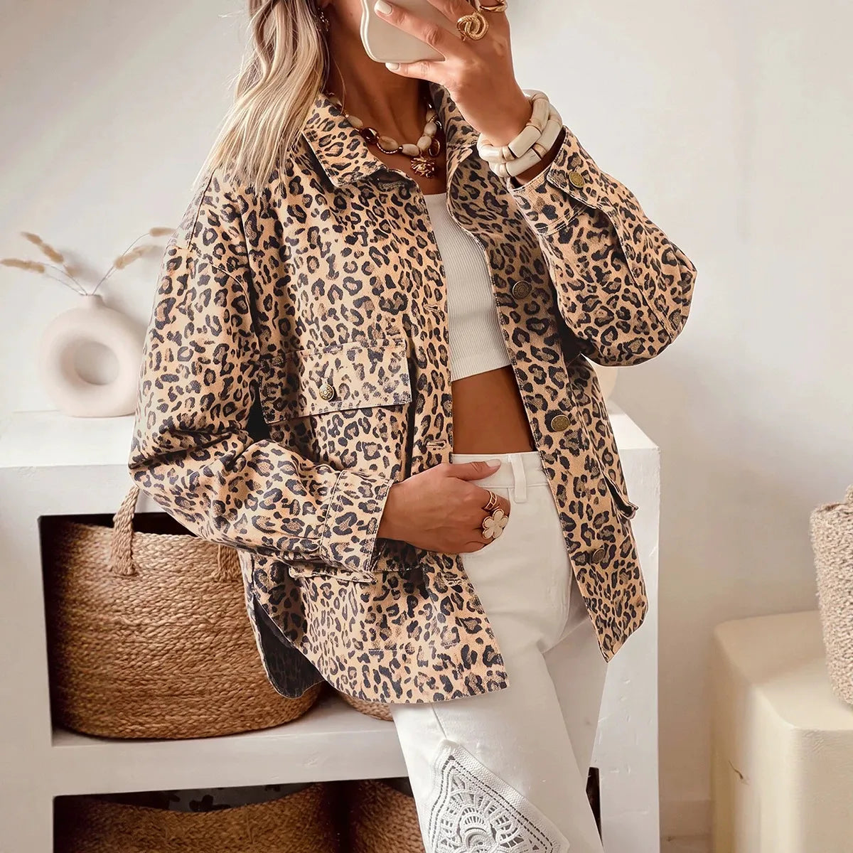 Women's Leopard Print Lapel Collar Long Sleeve Denim Jacket