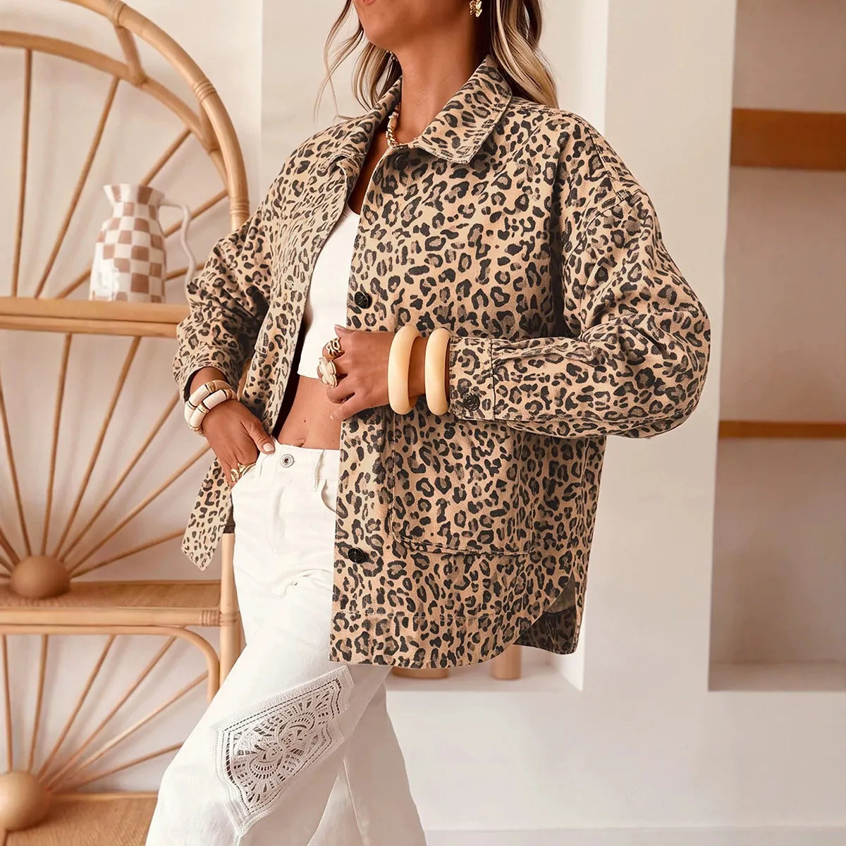 Women's Leopard Print Lapel Collar Long Sleeve Denim Jacket