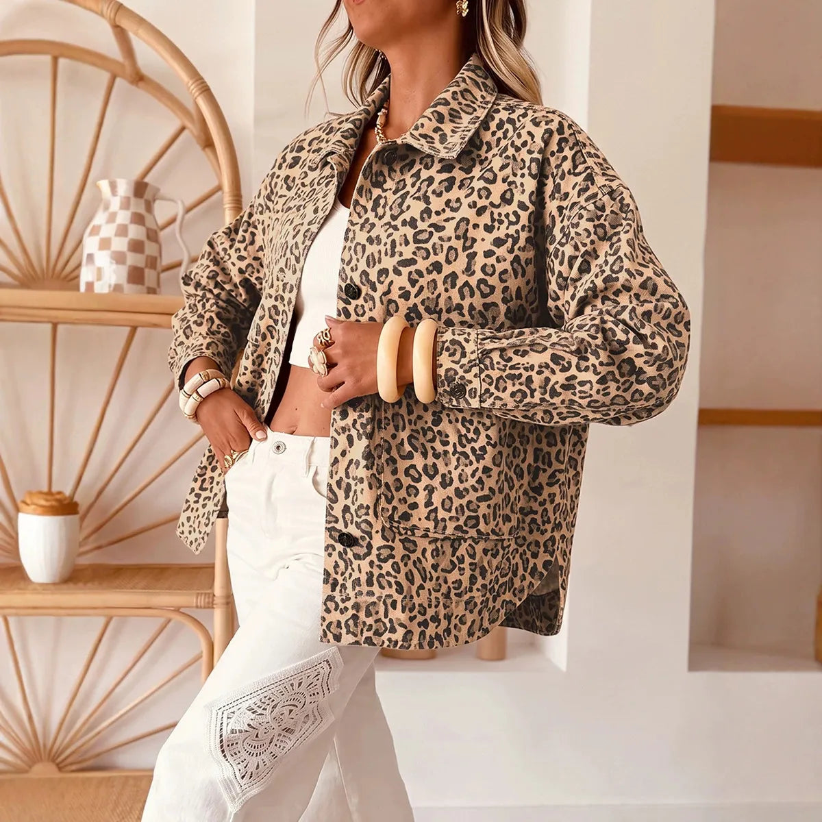 Women's Leopard Print Lapel Collar Long Sleeve Denim Jacket