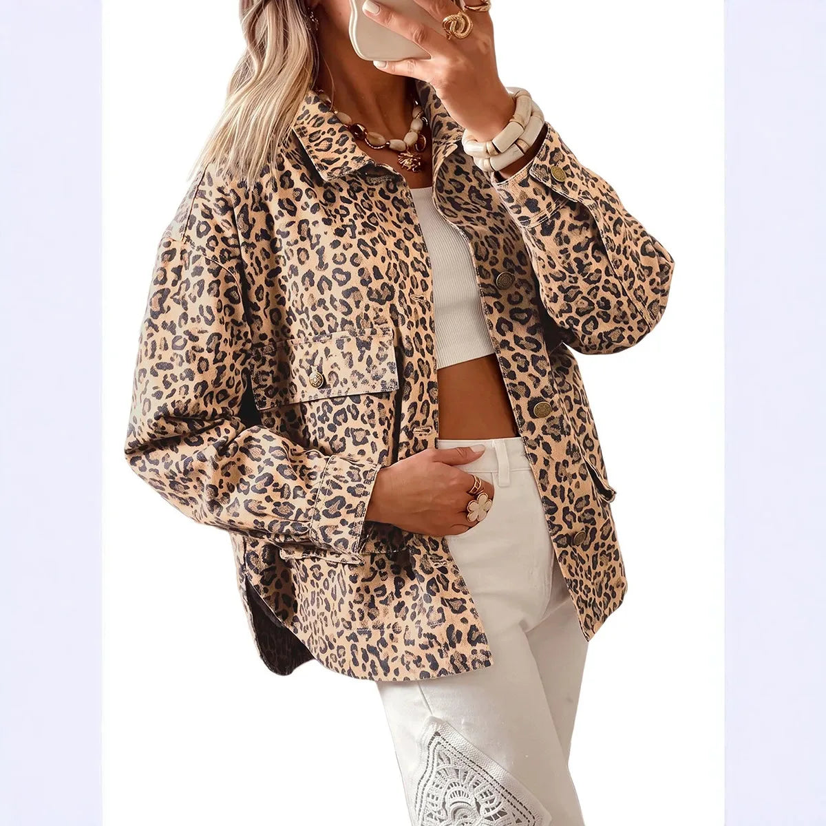 Women's Leopard Print Lapel Collar Long Sleeve Denim Jacket