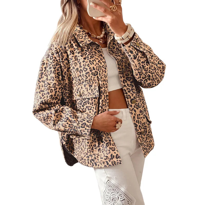 Women's Leopard Print Lapel Collar Long Sleeve Denim Jacket