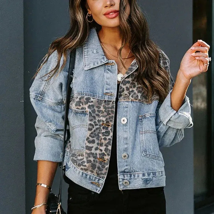 Women's Leopard Print Patchwork Lapel Long Sleeve Denim Jacket
