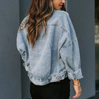 Women's Leopard Print Patchwork Lapel Long Sleeve Denim Jacket