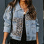 Women's Leopard Print Patchwork Lapel Long Sleeve Denim Jacket