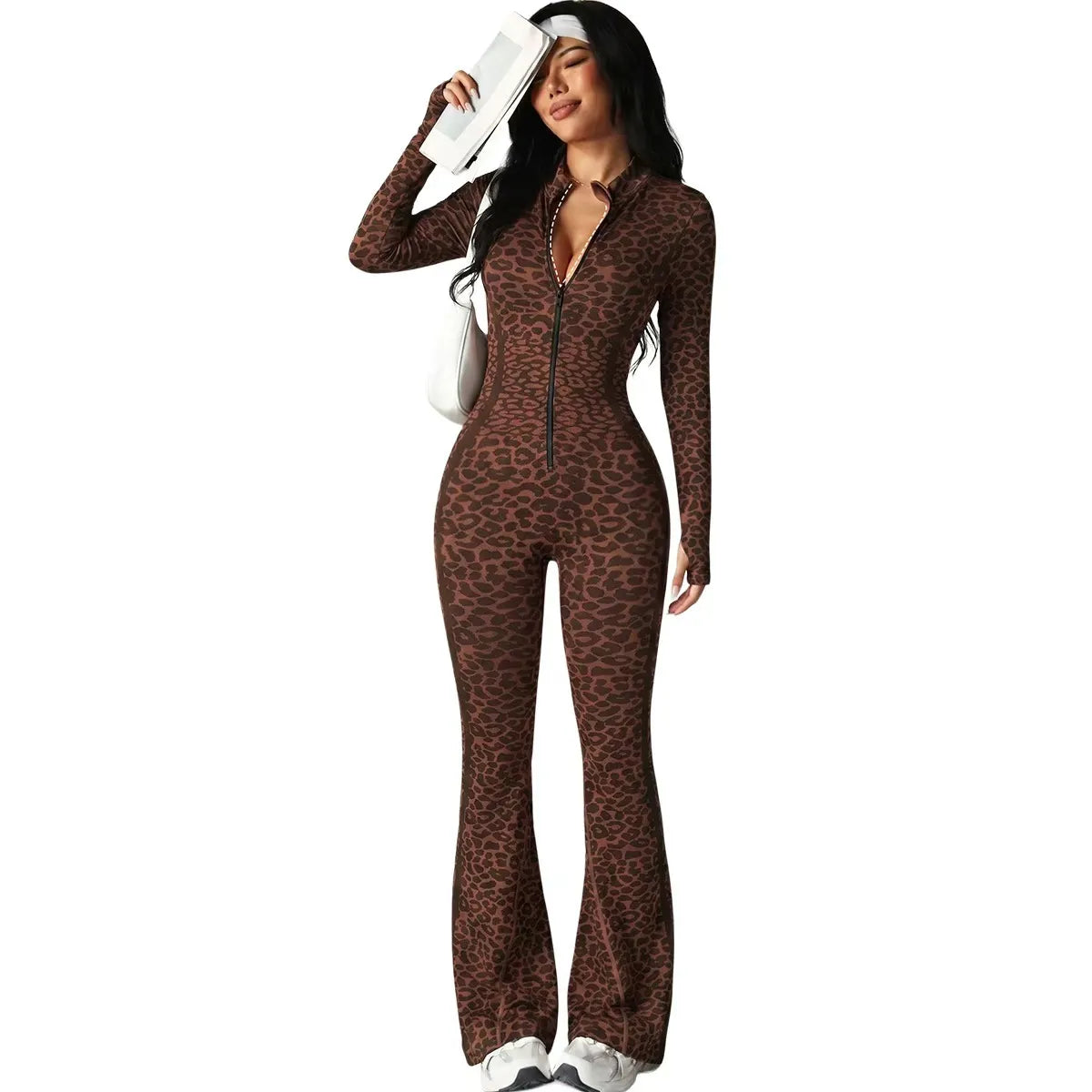 Women's Long Sleeve Zipper Slim Fit Flared Yoga Jumpsuit