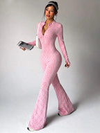 Women's Long Sleeve Zipper Slim Fit Flared Yoga Jumpsuit