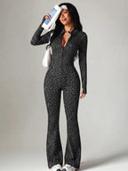 Women's Long Sleeve Zipper Slim Fit Flared Yoga Jumpsuit