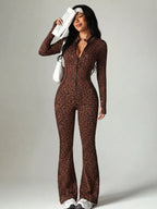 Women's Long Sleeve Zipper Slim Fit Flared Yoga Jumpsuit
