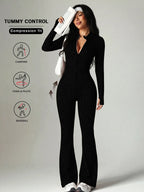 Women's Long Sleeve Zipper Slim Fit Flared Yoga Jumpsuit
