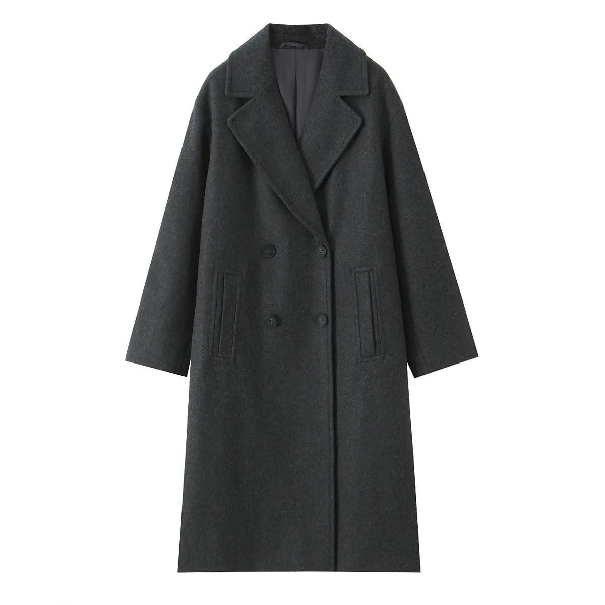 Women's Loose Fit Double-Breasted Long Woolen Coat