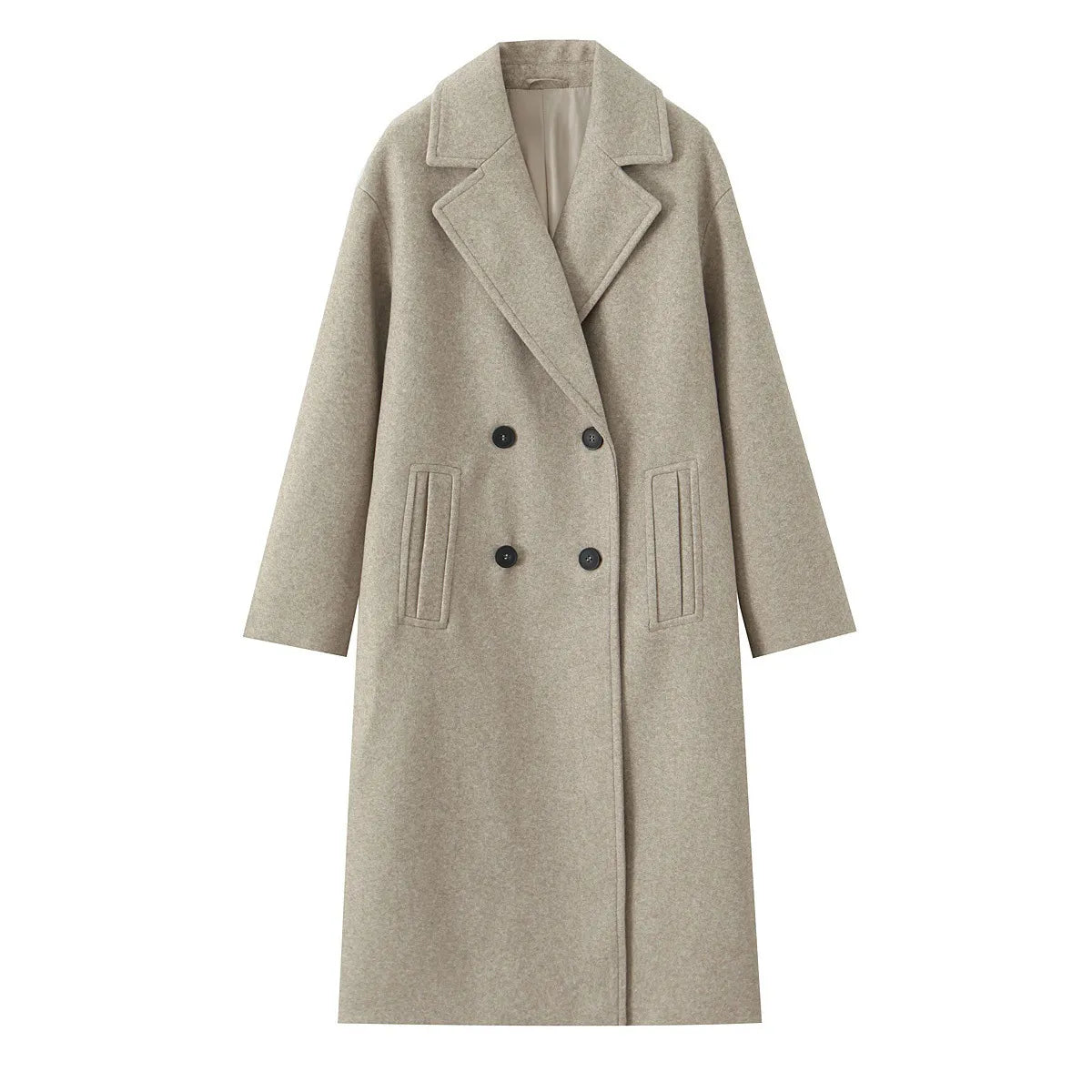 Women's Loose Fit Double-Breasted Long Woolen Coat
