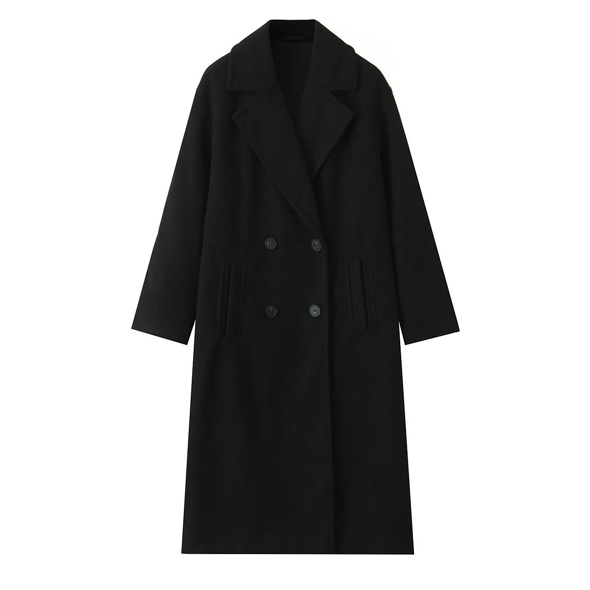 Women's Loose Fit Double-Breasted Long Woolen Coat