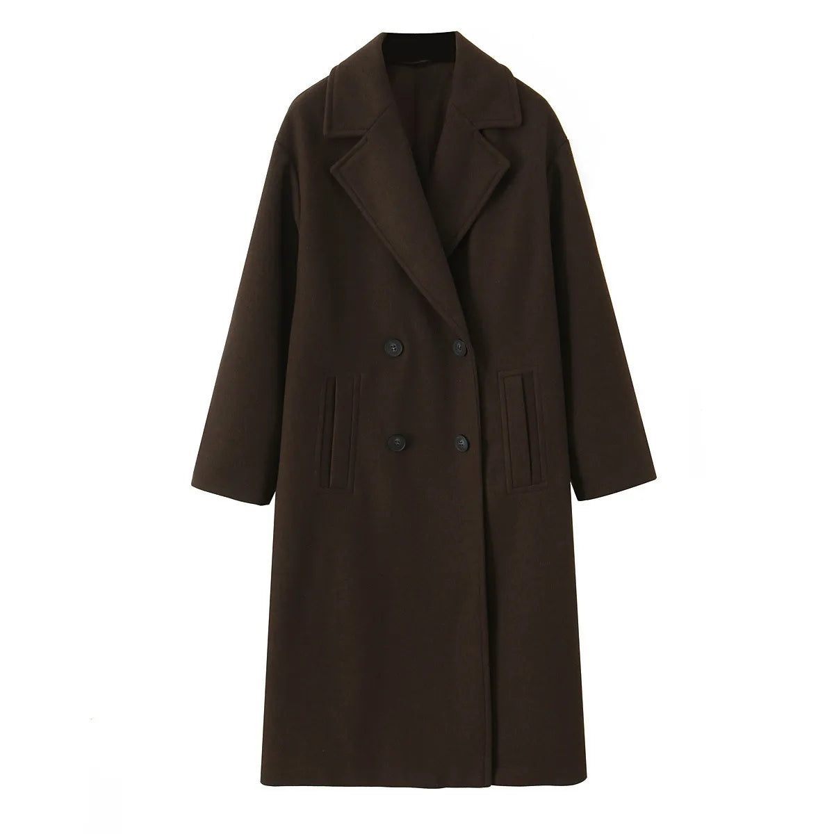 Women's Loose Fit Double-Breasted Long Woolen Coat