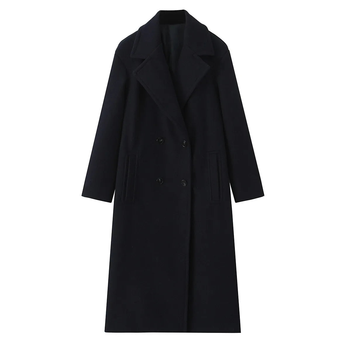 Women's Loose Fit Double-Breasted Long Woolen Coat