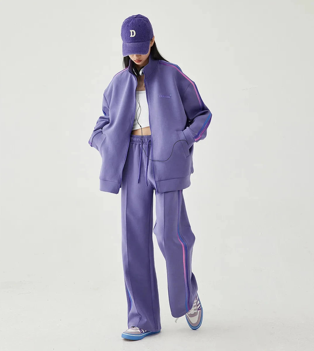 Women's Loose Fit Hooded Zipper Jacket and Straight Trousers Set