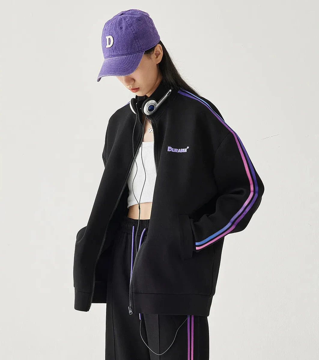 Women's Loose Fit Hooded Zipper Jacket and Straight Trousers Set