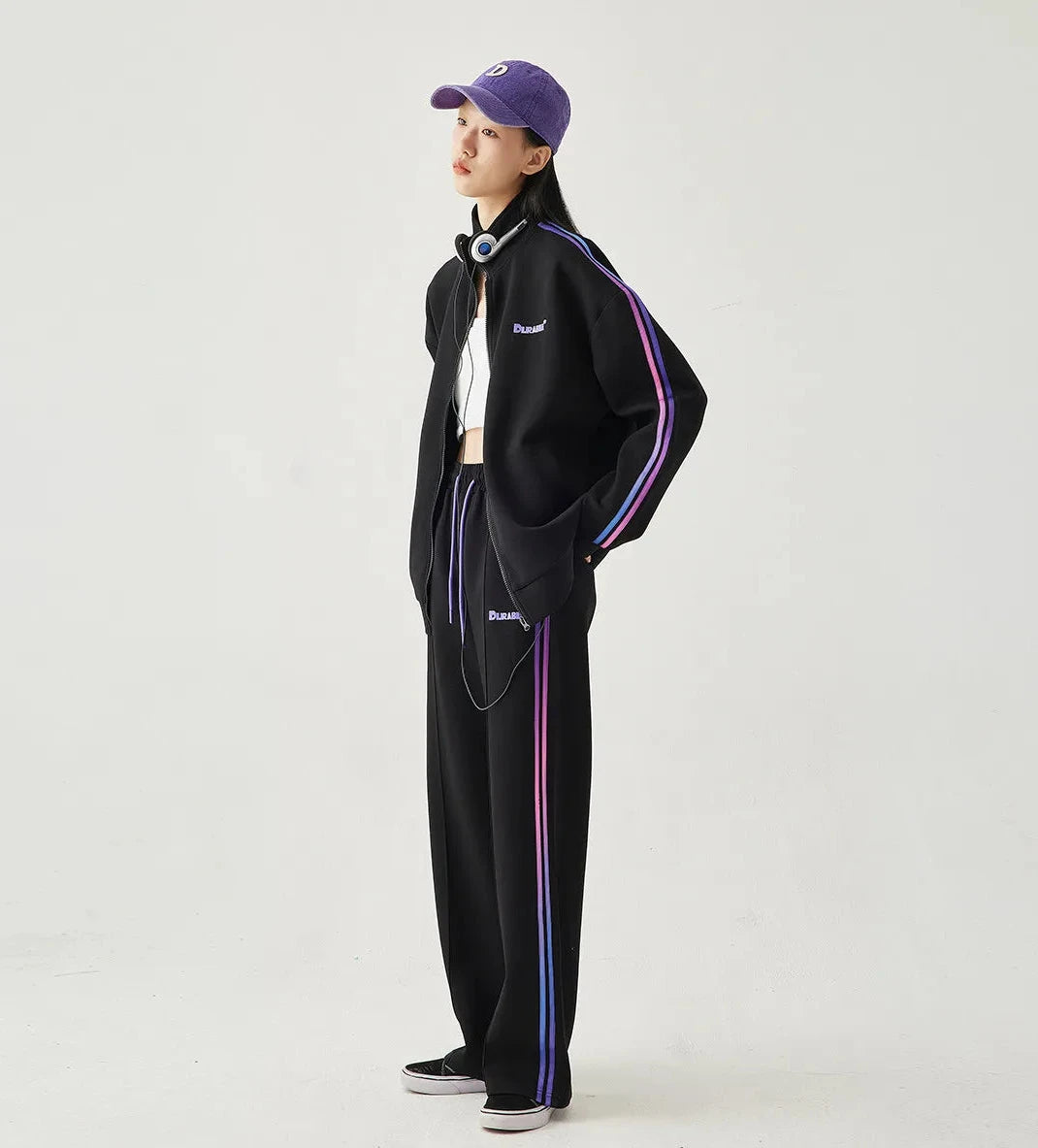 Women's Loose Fit Hooded Zipper Jacket and Straight Trousers Set