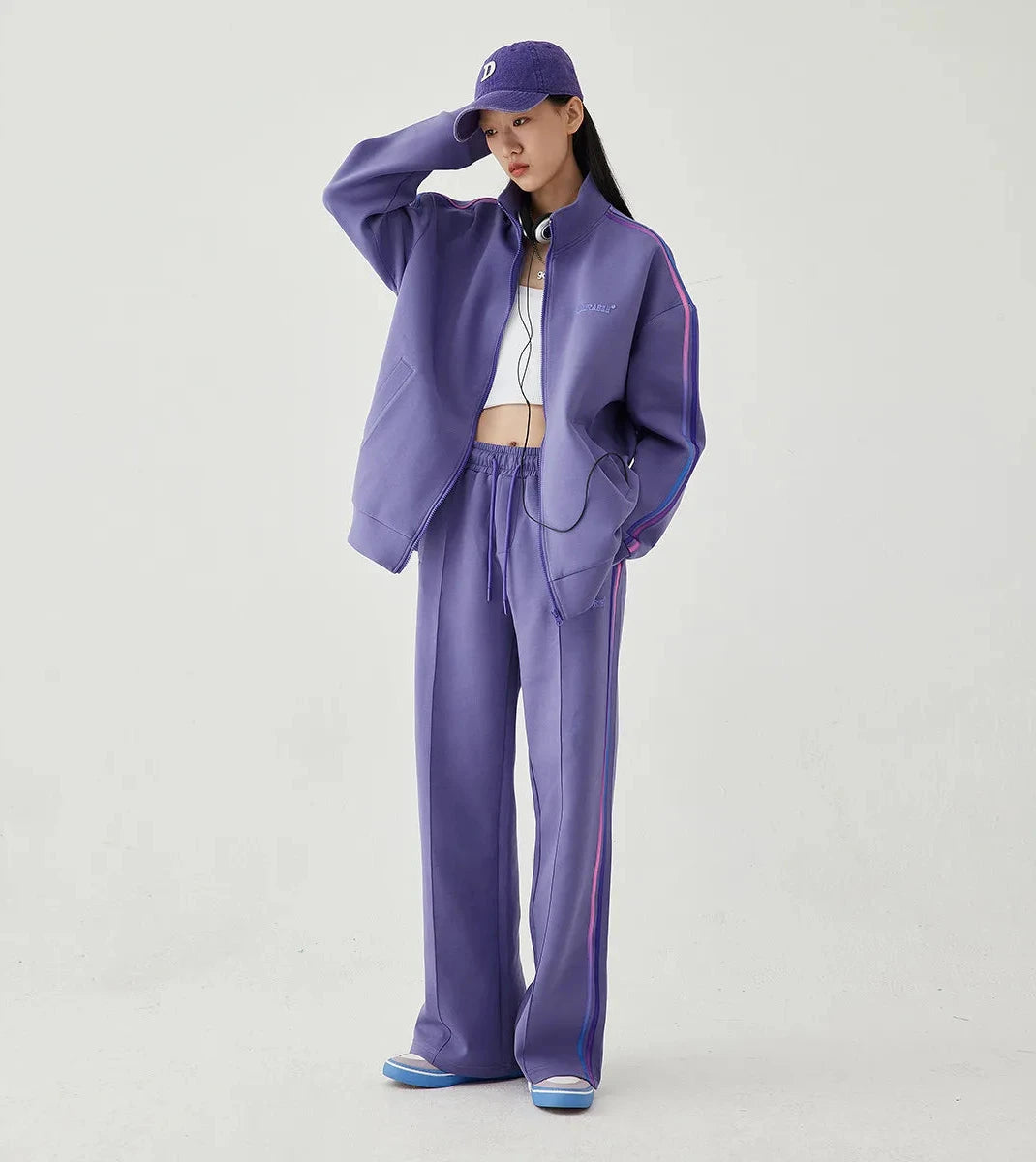 Women's Loose Fit Hooded Zipper Jacket and Straight Trousers Set