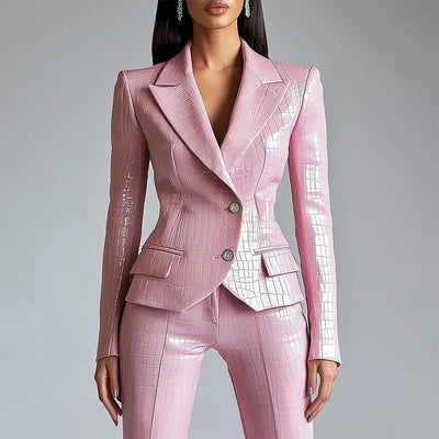 Women's Luxurious Alligator Pattern PU Leather Blazer Single Breasted Lapel Jacket