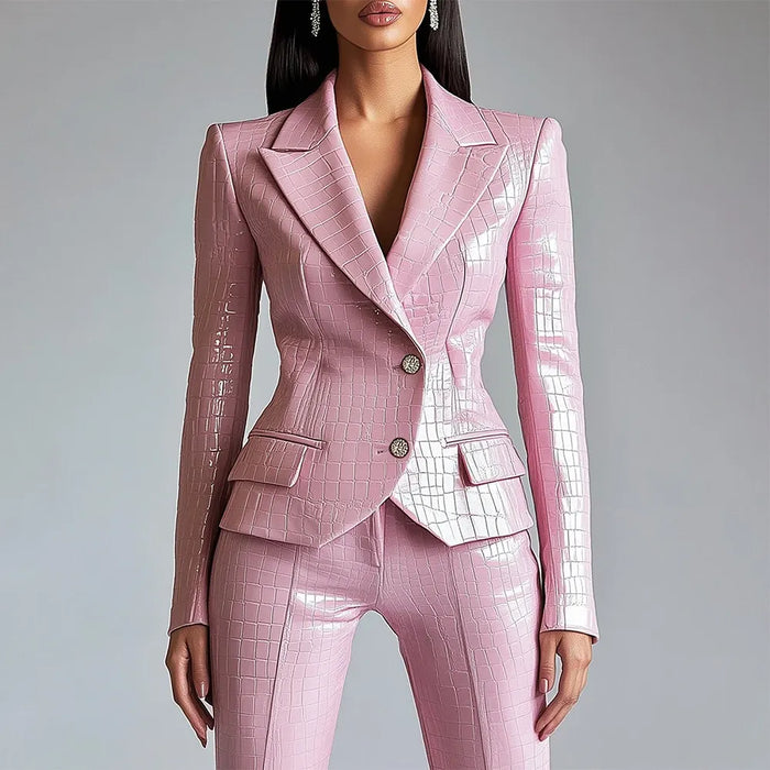 Women's Luxurious Alligator Pattern PU Leather Blazer Single Breasted Lapel Jacket