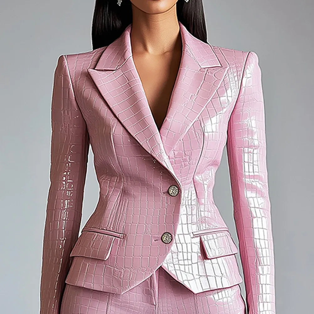 Women's Luxurious Alligator Pattern PU Leather Blazer Single Breasted Lapel Jacket