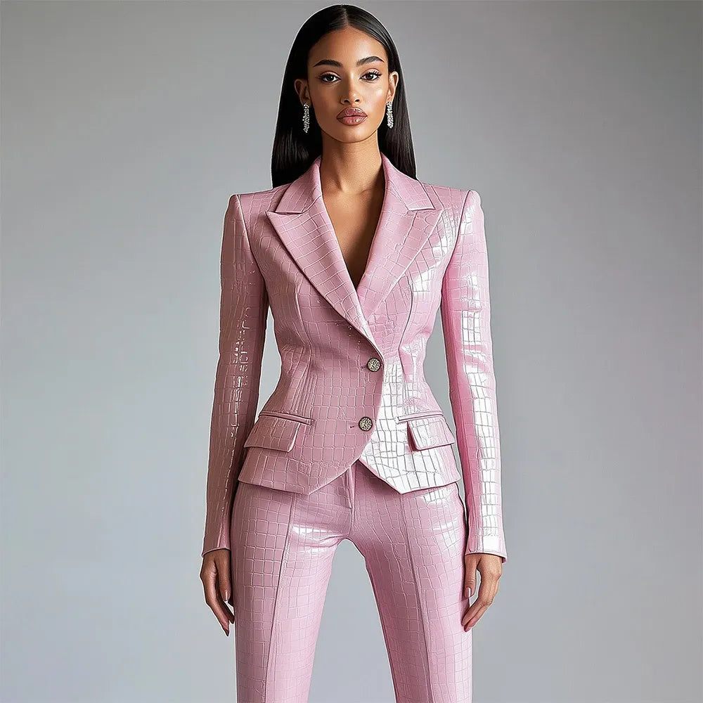 Women's Luxurious Alligator Pattern PU Leather Blazer Single Breasted Lapel Jacket