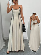 Women's Off-Shoulder Colorblock Bow Backless A-Line Maxi Dress