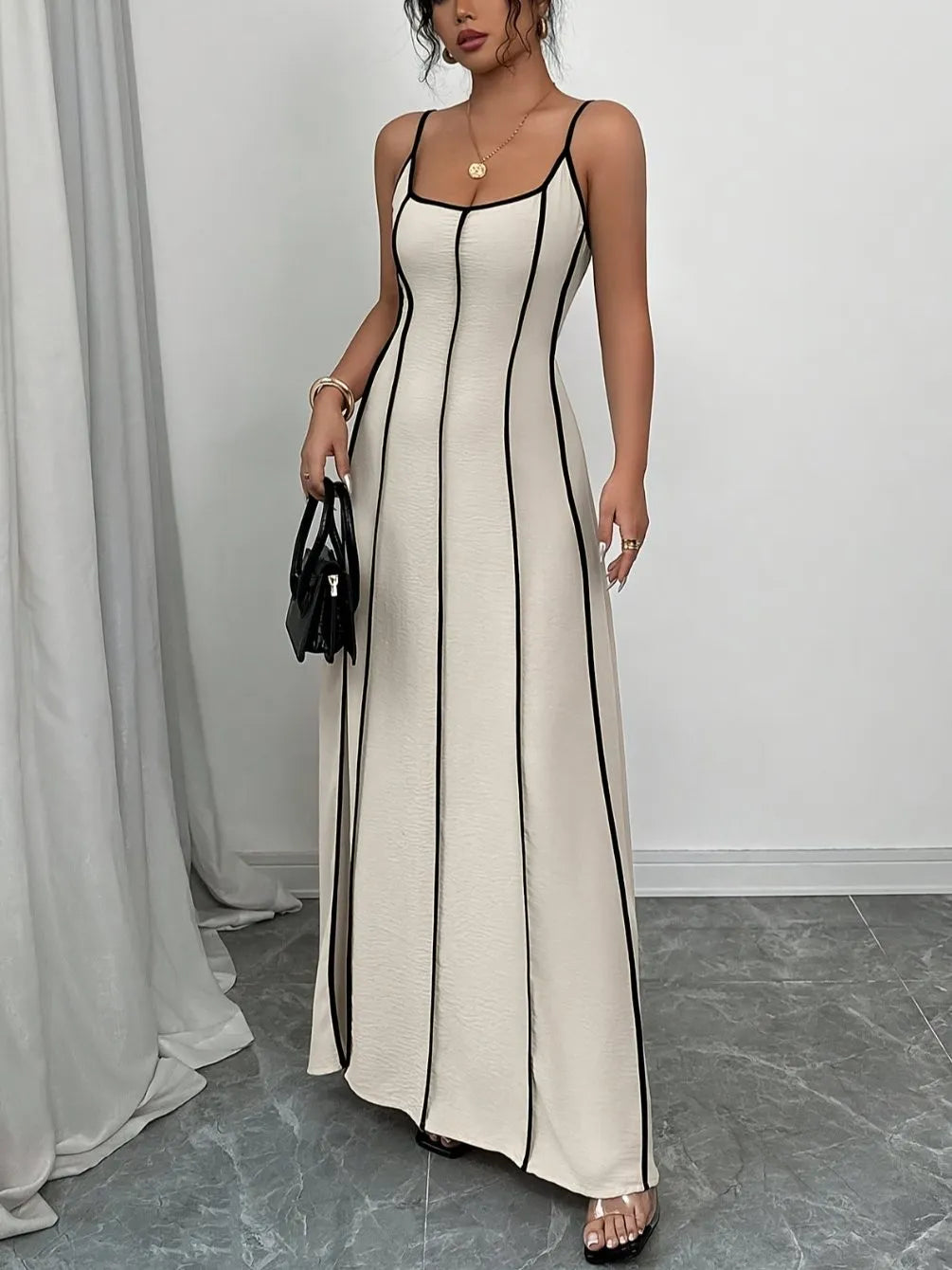 Women's Off-Shoulder Colorblock Bow Backless A-Line Maxi Dress