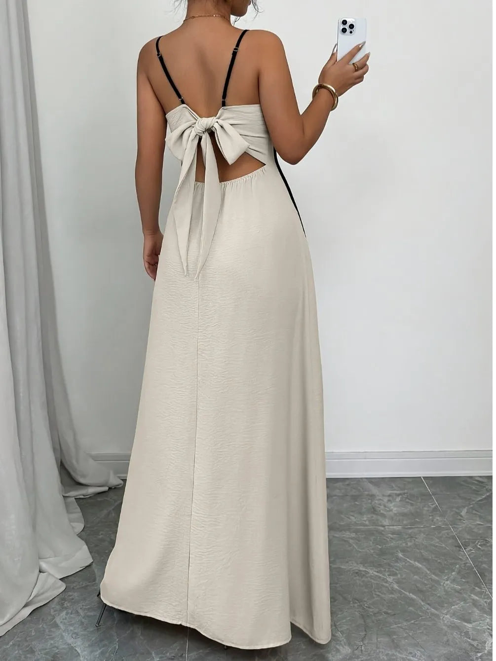 Women's Off-Shoulder Colorblock Bow Backless A-Line Maxi Dress