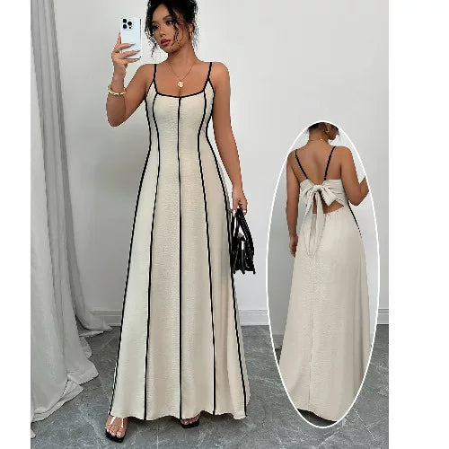 Women's Off-Shoulder Colorblock Bow Backless A-Line Maxi Dress