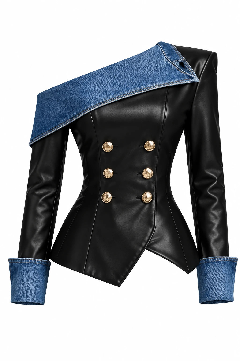 Women's Off-Shoulder Denim Spliced Faux Leather Blouse