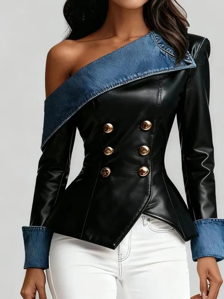 Women's Off-Shoulder Denim Spliced Faux Leather Blouse