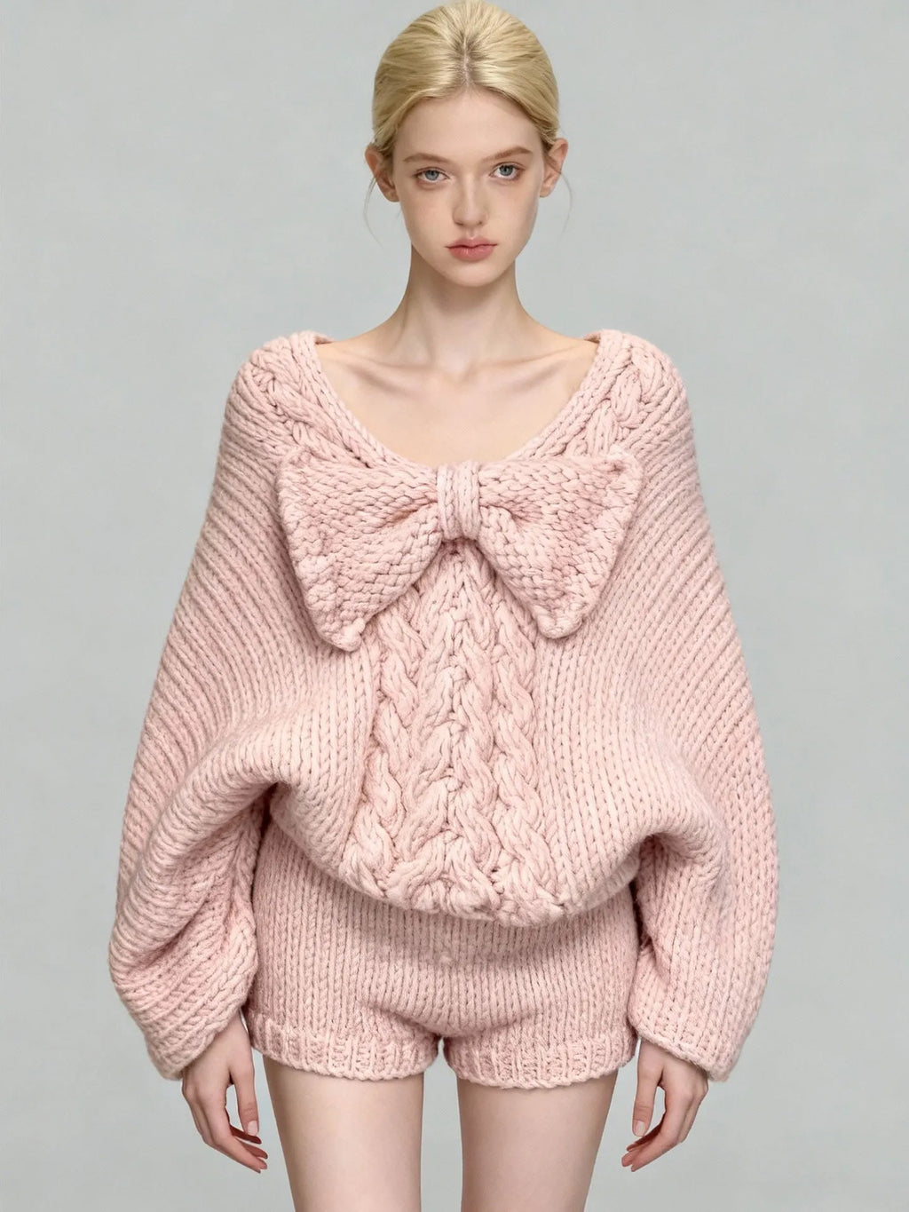 Women's Pink Bow V-Neck Long Sleeve Knit Sweater and High Waist Shorts Two-Piece Set