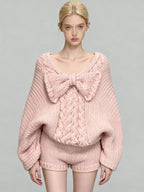 Women's Pink Bow V-Neck Long Sleeve Knit Sweater and High Waist Shorts Two-Piece Set