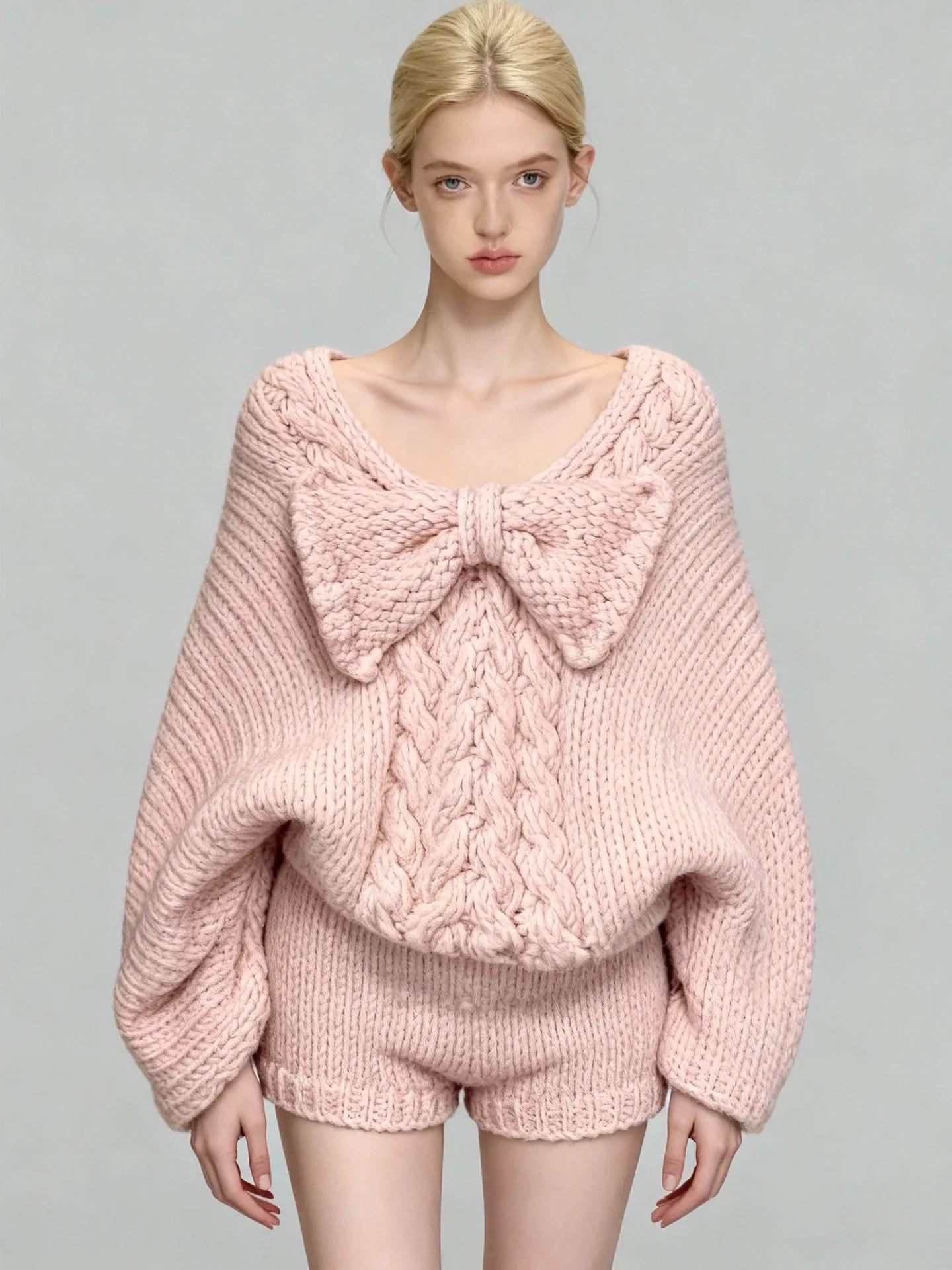 Women's Pink Bow V-Neck Long Sleeve Knit Sweater and High Waist Shorts Two-Piece Set
