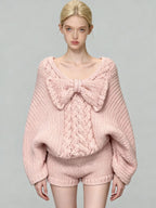 Women's Pink Bow V-Neck Long Sleeve Knit Sweater and High Waist Shorts Two-Piece Set