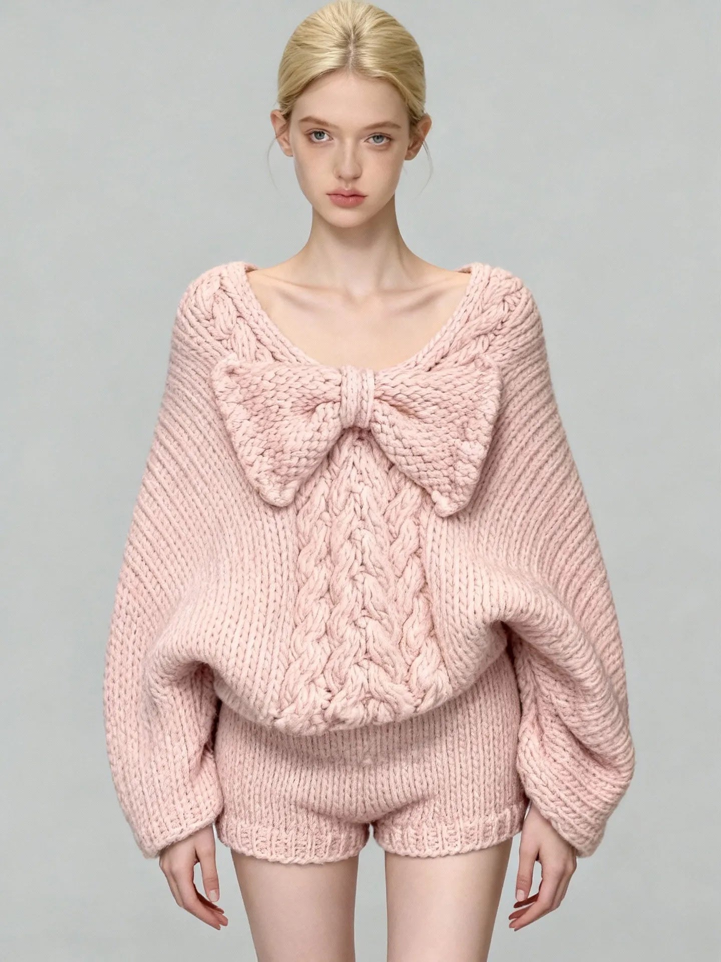 Women's Pink Bow V-Neck Long Sleeve Knit Sweater and High Waist Shorts Two-Piece Set