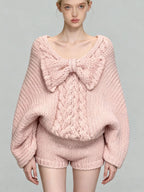 Women's Pink Bow V-Neck Long Sleeve Knit Sweater and High Waist Shorts Two-Piece Set