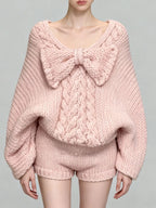Women's Pink Bow V-Neck Long Sleeve Knit Sweater and High Waist Shorts Two-Piece Set