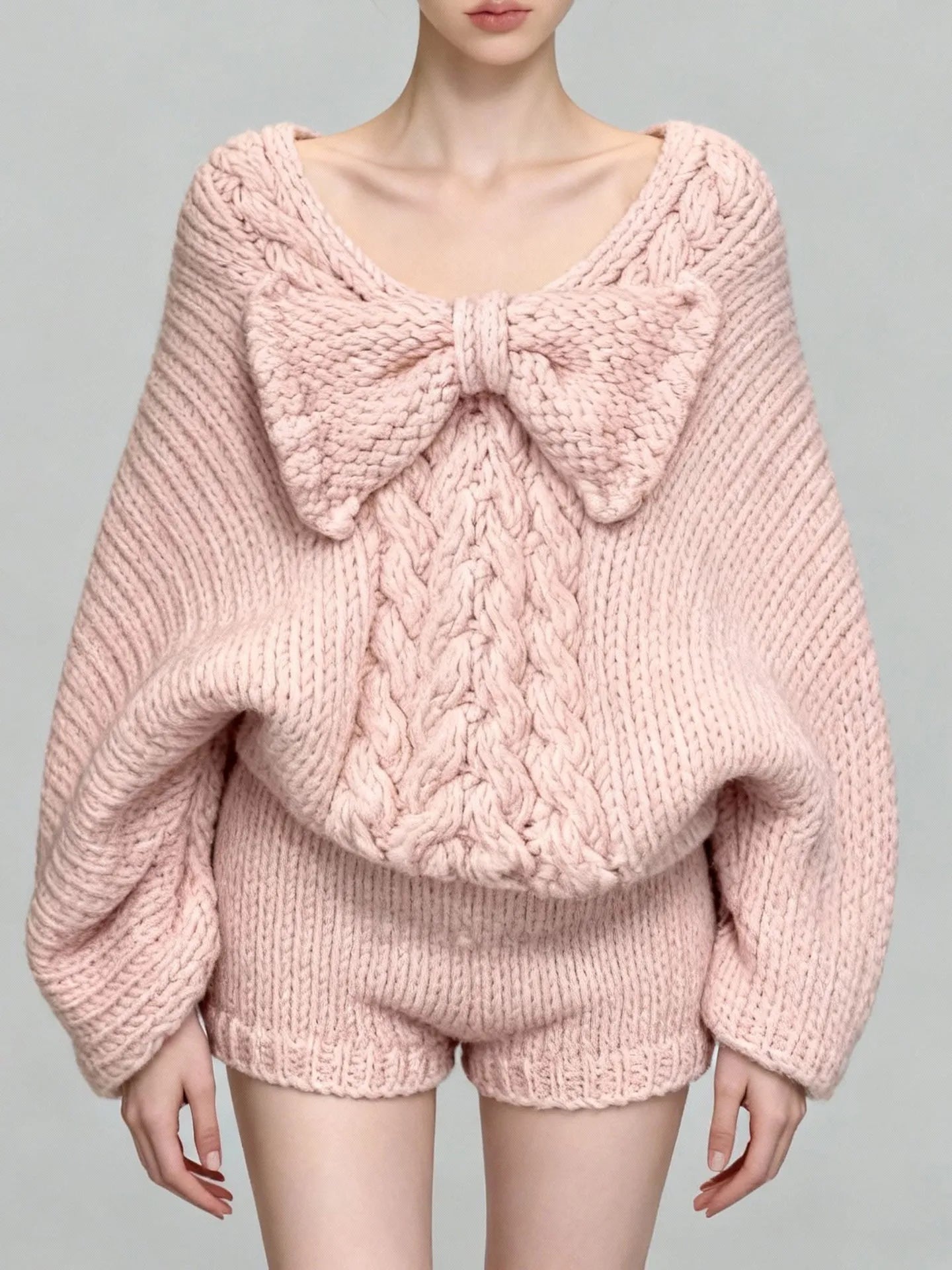 Women's Pink Bow V-Neck Long Sleeve Knit Sweater and High Waist Shorts Two-Piece Set