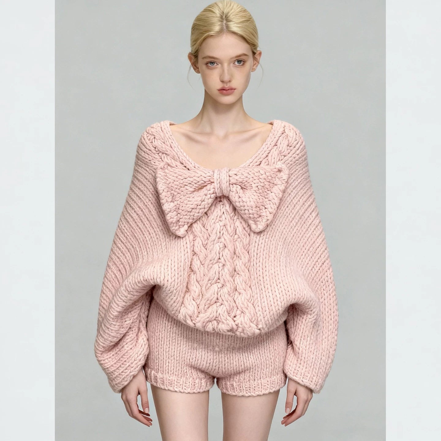 Women's Pink Bow V-Neck Long Sleeve Knit Sweater and High Waist Shorts Two-Piece Set