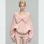 Women's Pink Bow V-Neck Long Sleeve Knit Sweater and High Waist Shorts Two-Piece Set