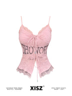 Women's Pink Lace Letter Print V-Neck Lace-Up Slim Fit Cami Top