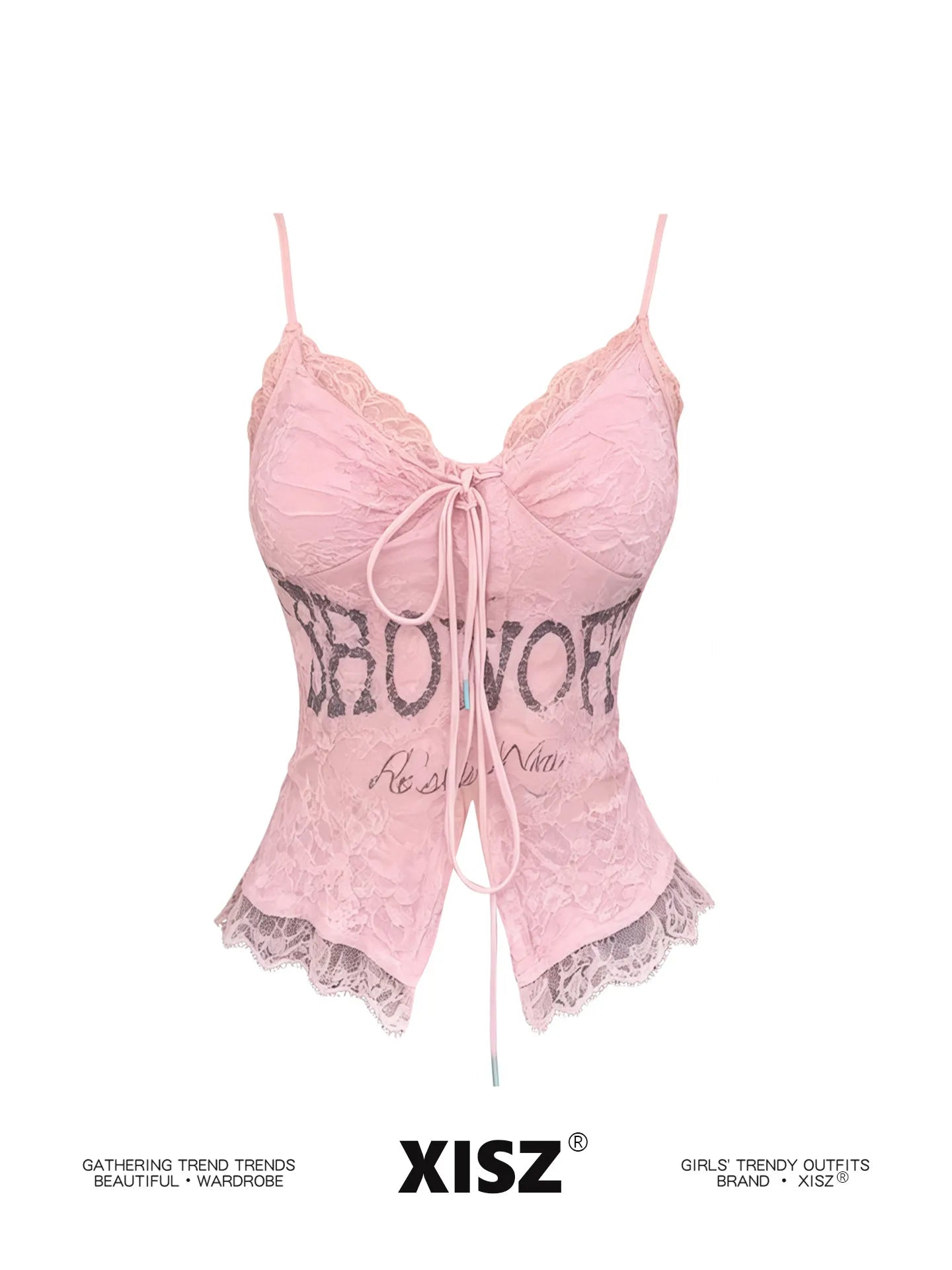 Women's Pink Lace Letter Print V-Neck Lace-Up Slim Fit Cami Top